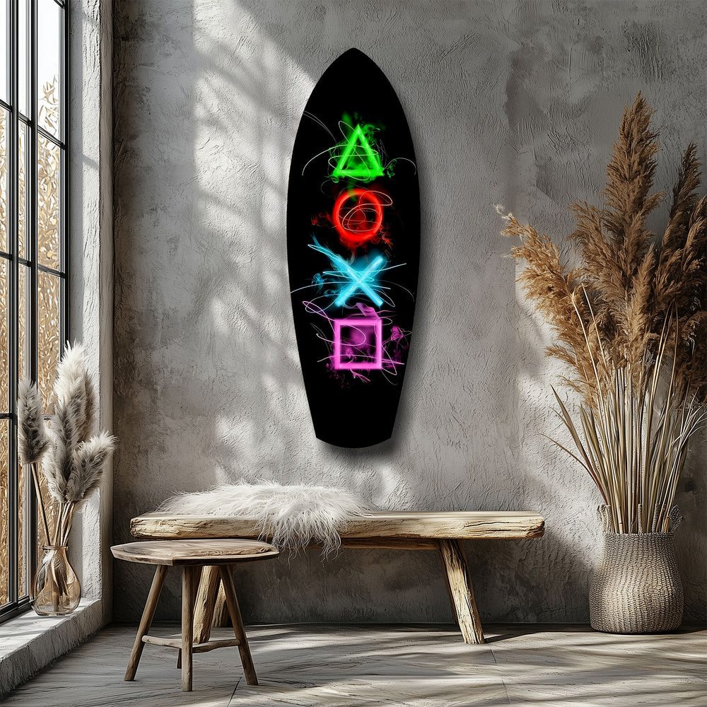 Neon Geometrik İkonlar Gamer Parlama Cam Tablo.