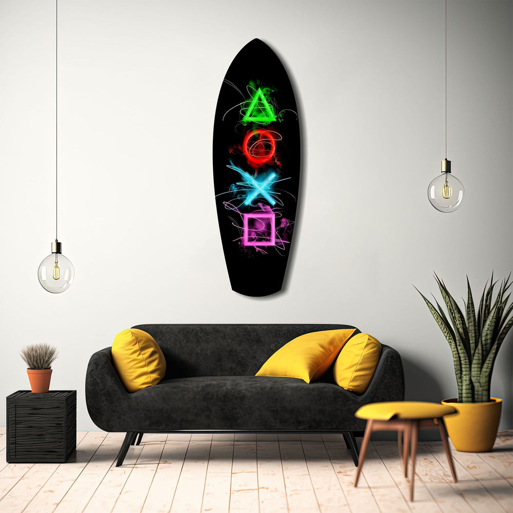 Neon Geometrik İkonlar Gamer Parlama Cam Tablo.