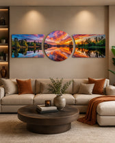Ateşli Gün Batımı Göl Yansıması 3 Parça Cam Tablo