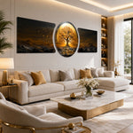 Altın Hayat Ağacı Gün Batımı 3 Parça Cam Tablo