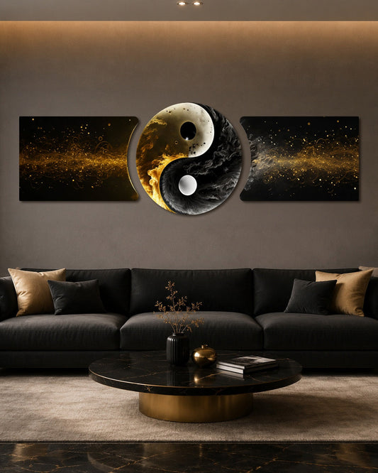 Altın Siyah Yin Yang Dengesi 3 Parça Cam Tablo