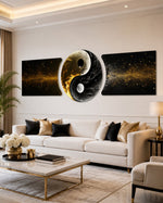 Altın Siyah Yin Yang Dengesi 3 Parça Cam Tablo