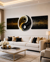 Altın Siyah Yin Yang Dengesi 3 Parça Cam Tablo