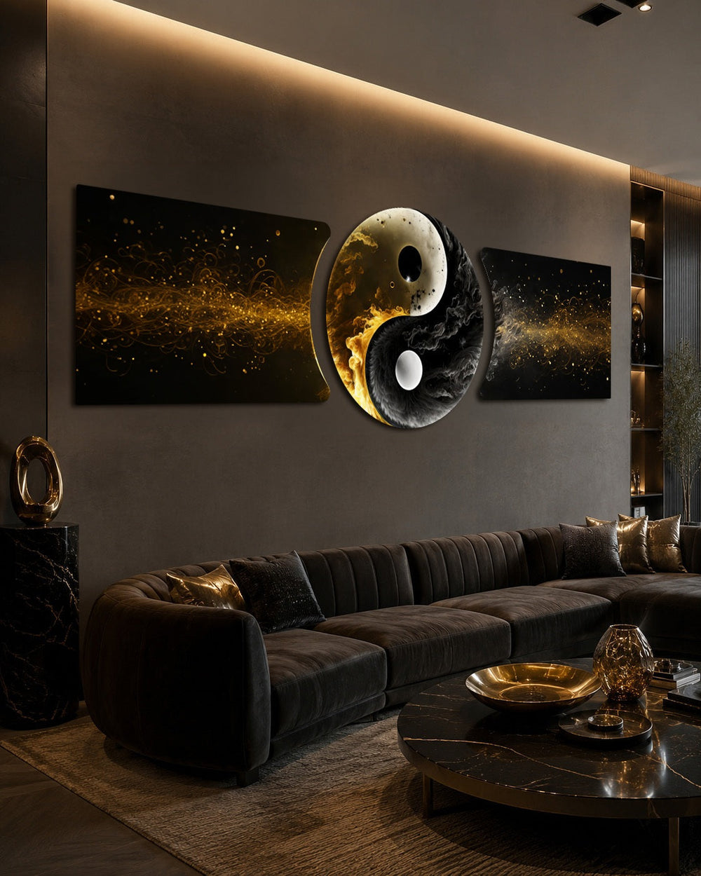 Altın Siyah Yin Yang Dengesi 3 Parça Cam Tablo
