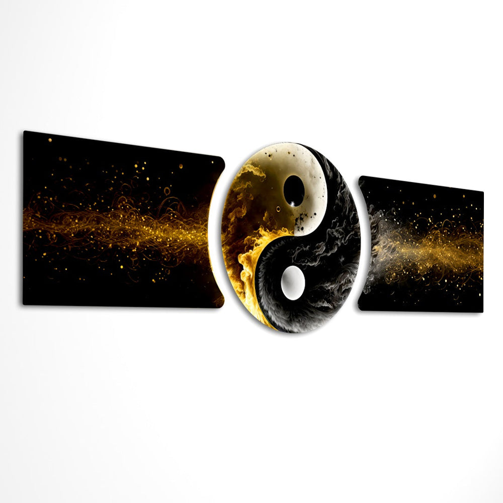 Altın Siyah Yin Yang Dengesi 3 Parça Cam Tablo