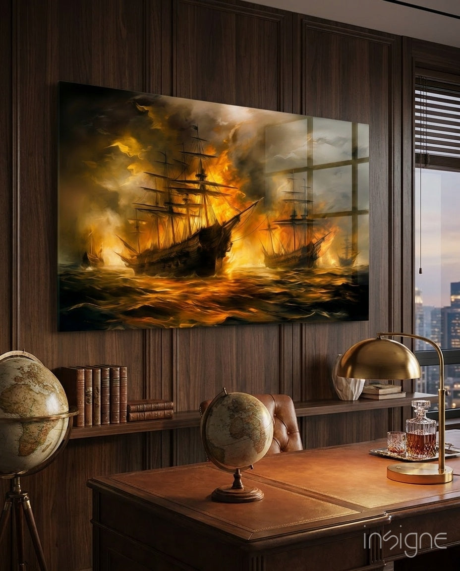 Alevler İçinde Donanma Cam Tablo || Tasarımcı Koleksiyonu