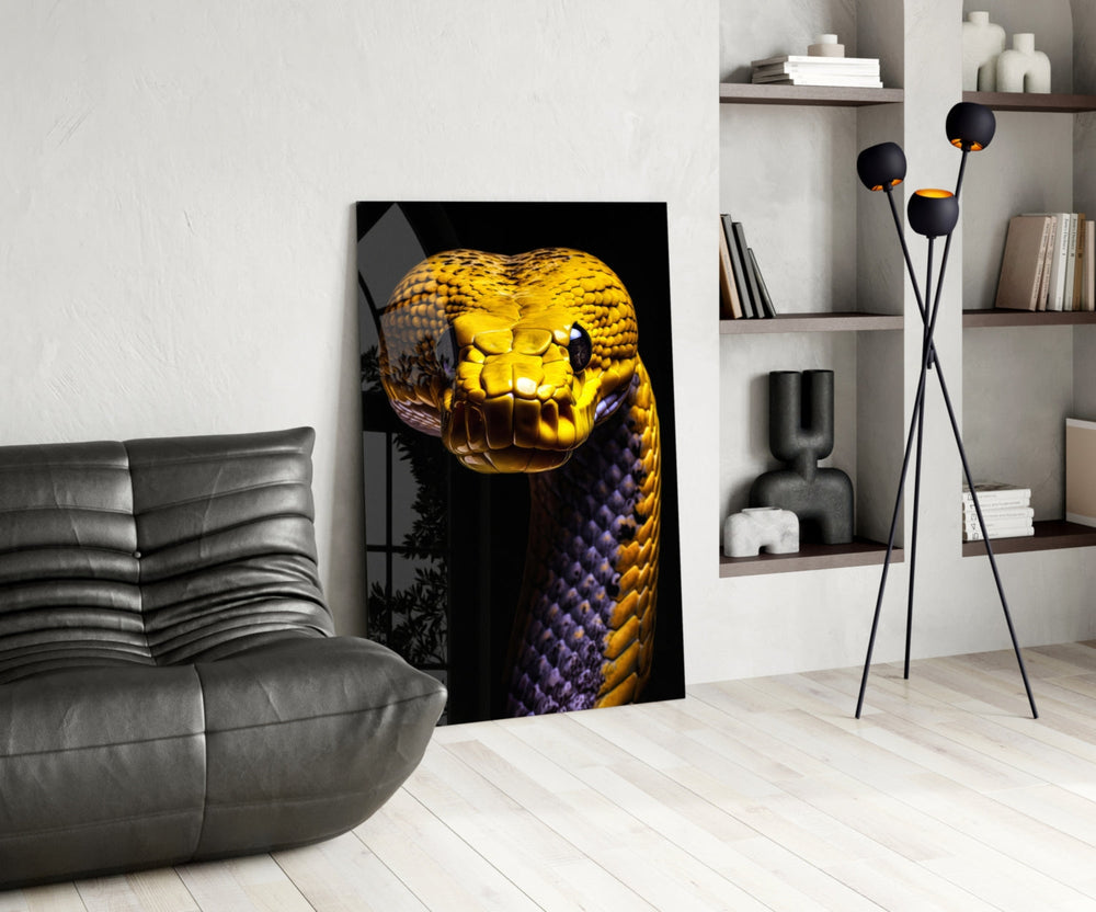 Golden Headed Snake Glass Wall Art || Designer Collection