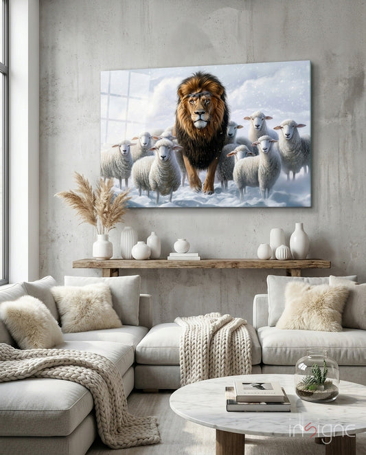 Aslan ve Kuzular Karlı Krallık Cam Tablo || Tasarımcı Koleksiyonu