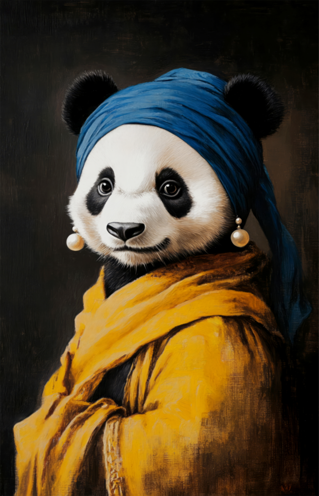 İnci Küpeli Panda Cam Tablo || Tasarımcı Koleksiyonu