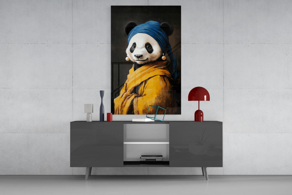 Panda with a Pearl Earring Glass Wall Art || Designer Collection