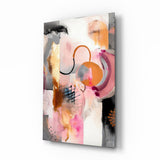 Pink copper mixed-media abstract glass wall art over walnut console in feminine bedroom
