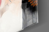 Mixed-media tangerine-disc abstract glass wall art in boutique cafe entry