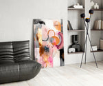 Copper-leaf and pink abstract glass wall art in fashion-atelier reception
