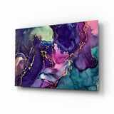 Purple gold marble fluid-art glass wall art above ivory boucle sofa