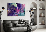 Couture fluid-art amethyst glass wall art in fashion-house entry lobby