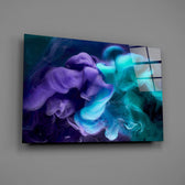 Amethyst-and-cyan smoke abstract glass wall art over modern living-room sofa
