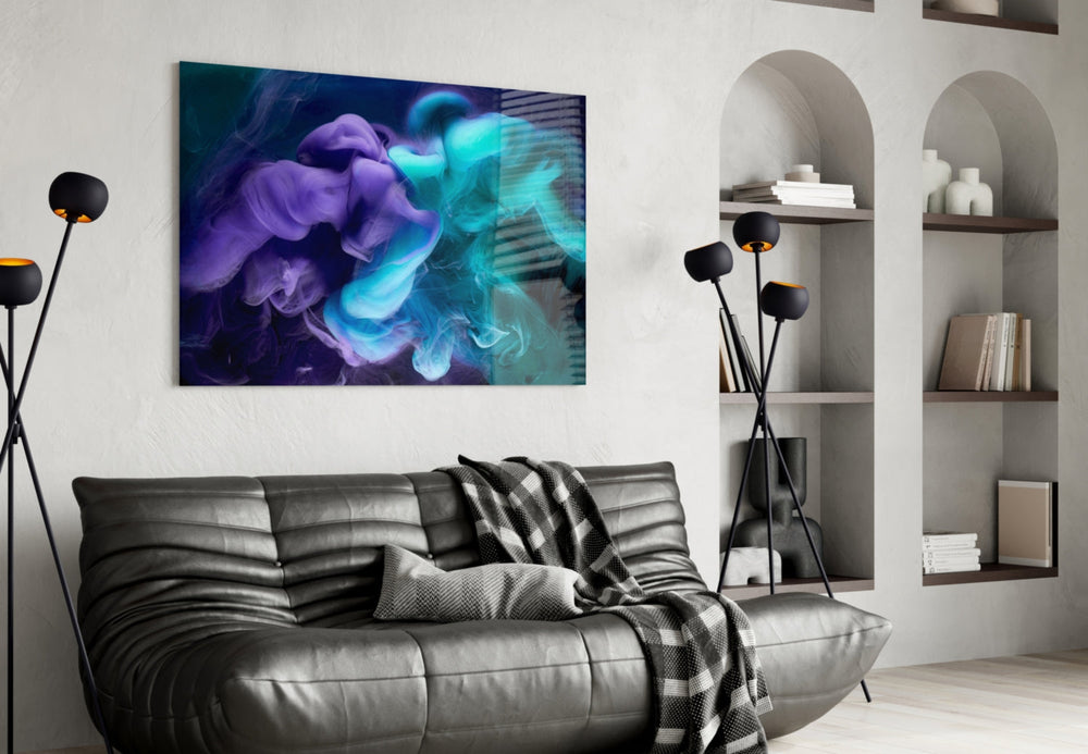 Mystic violet-cyan cinematic glass wall art over walnut bar cabinet