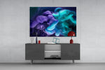 Navy-void colored-plume cinematic glass wall art in designer hallway