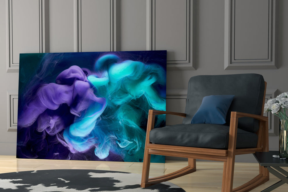 Aqua-violet smoke cinematic glass wall art in hospitality bar