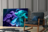 Aqua-violet smoke cinematic glass wall art in hospitality bar