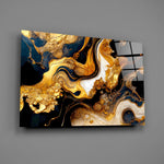 Indigo-and-gold-vein cinematic glass wall art over walnut sideboard