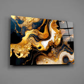 Indigo-and-gold-vein cinematic glass wall art over walnut sideboard
