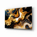 Navy gold marble swirl glass wall art above ivory boucle sofa in glamorous lounge