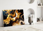 Gold-flecked navy abstract glass wall art over master-bedroom headboard