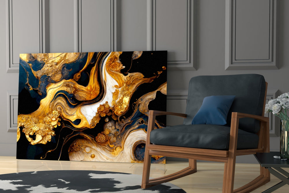 Navy-and-gold alcohol-ink glass wall art over modern dining table