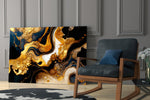 Navy-and-gold alcohol-ink glass wall art over modern dining table