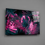 Synthwave monstera glass wall art over modern living-room sofa