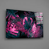 Synthwave monstera glass wall art over modern living-room sofa