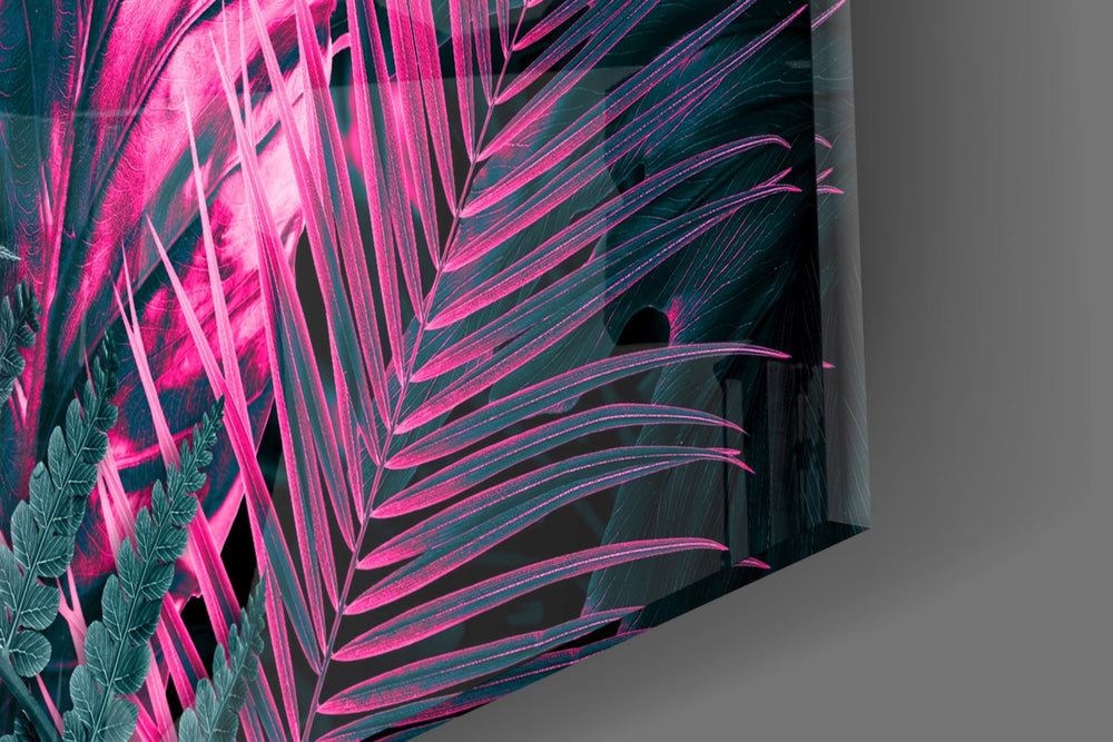 Cobalt-and-pink palm cinematic glass wall art in dramatic dining room