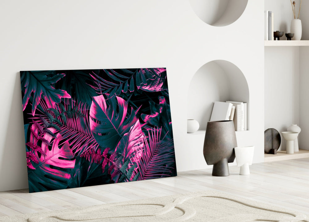 Tropical-modern neon foliage glass wall art in hospitality lounge entry