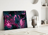 Tropical-modern neon foliage glass wall art in hospitality lounge entry