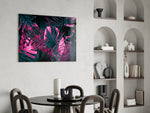 Magenta monstera cinematic glass wall art over master-bedroom headboard