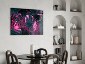 Magenta monstera cinematic glass wall art over master-bedroom headboard