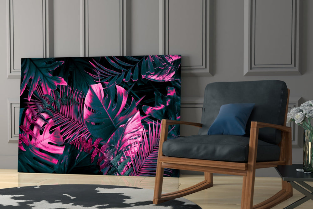 Neon palm-fern cinematic glass wall art in designer hallway