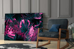 Neon palm-fern cinematic glass wall art in designer hallway