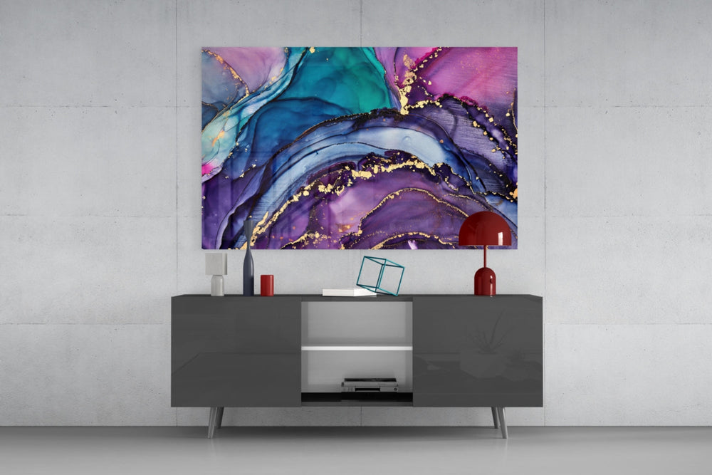 Magenta-and-sapphire marble cinematic glass wall art in designer office