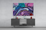 Magenta-and-sapphire marble cinematic glass wall art in designer office