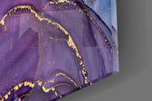Alcohol-ink purple-teal gold-leaf glass wall art in glamorous dining room