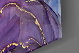 Alcohol-ink purple-teal gold-leaf glass wall art in glamorous dining room