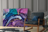Gold-flecked purple-teal abstract glass wall art over modern dining table