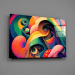 Surreal whimsical-eyes glass wall art over walnut console in creative office