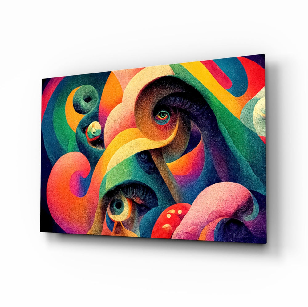 Psychedelic eye swirl glass wall art above black sofa in maximalist lounge