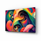 Psychedelic eye swirl glass wall art above black sofa in maximalist lounge