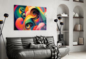 Multicolor swirl-and-eye glass wall art in designer dining room