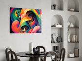 Surreal-psychedelic cinematic glass wall art in fashion-atelier reception