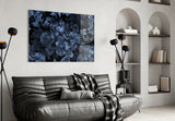 Nocturnal floral still-life glass wall art over linen sofa in designer lounge